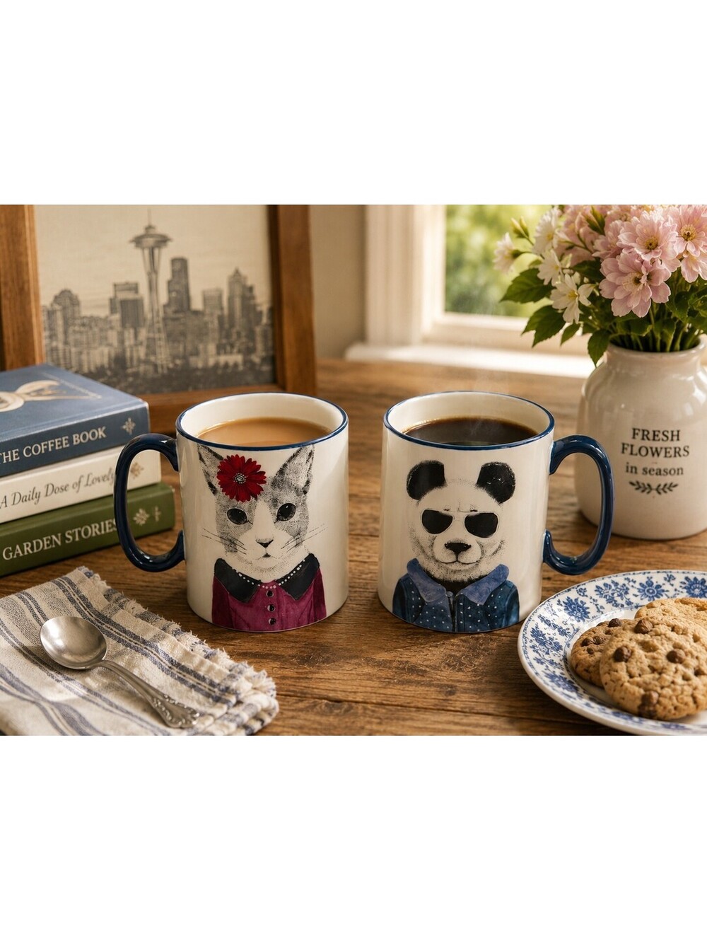 Set of 2 Signature Housewares Hipster Animal Mugs Panda and Cat